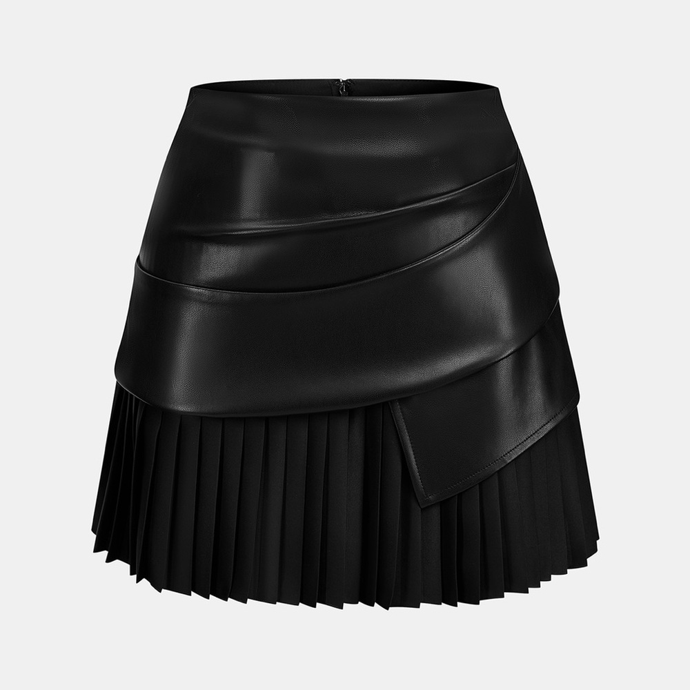 Commense- Black Faux Leather Pleated Skirt